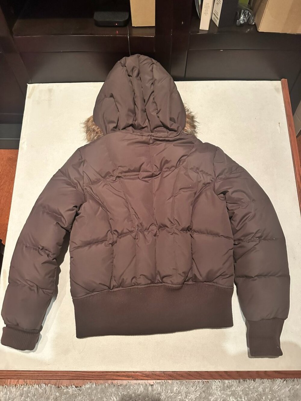 Calvin Klein Jeans Brown Puffer Jacket with Faux Fur Hood - Picture 2 of 5